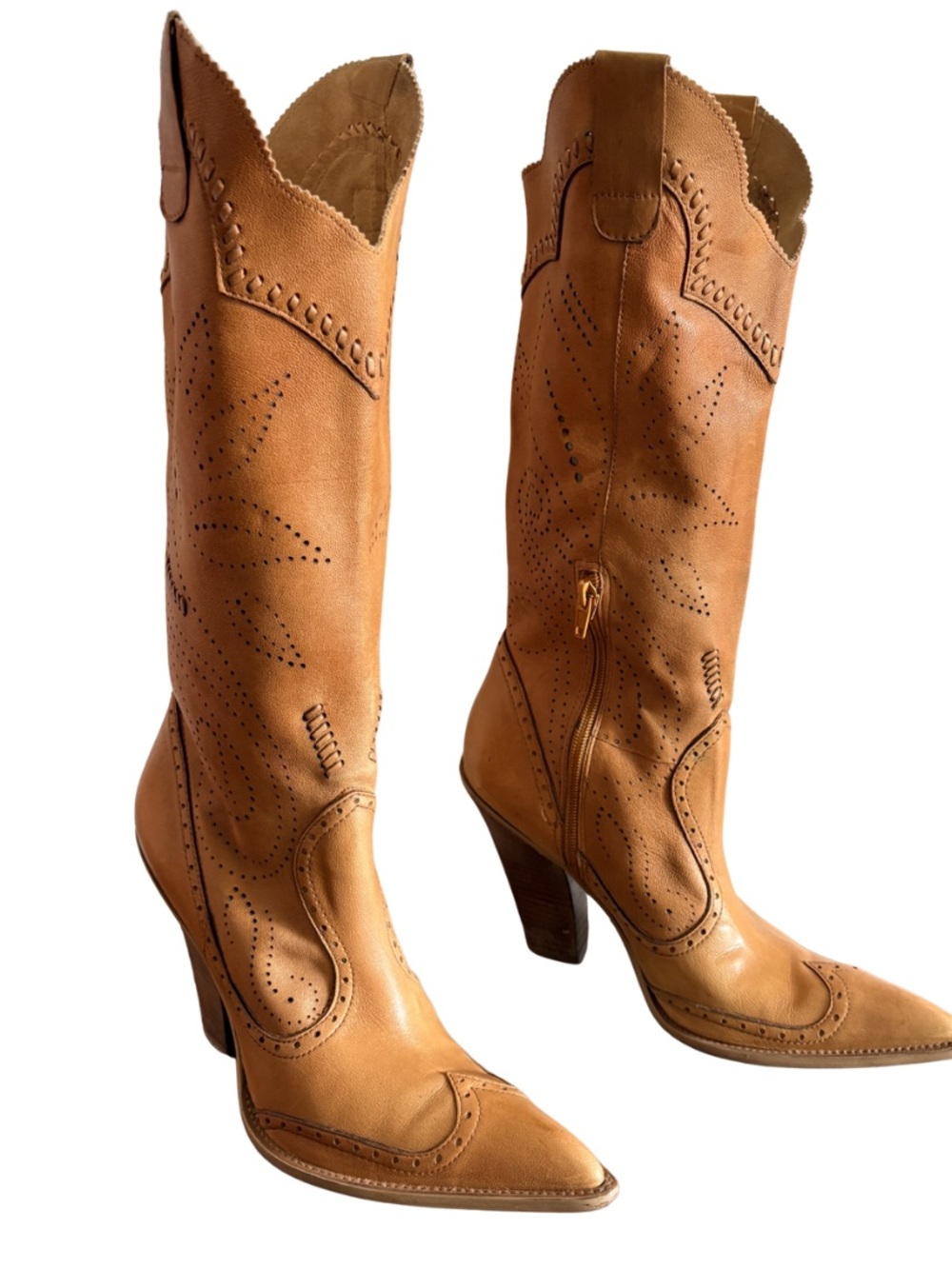 BCBG Niche Leather Western Heeled Perforated Boots Y2k Brown Tan Leather 7.5